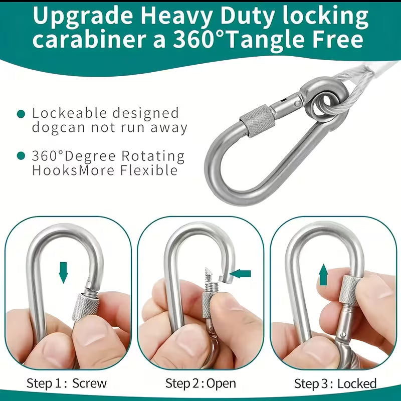 A silver metal carabiner shown on a teal-and-white promotional graphic with marketing text and three inset close-up steps demonstrating how to screw, open, and lock the carabiner. A hand is visible in the inset photos, but the main subject is still the product and its features.