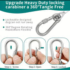 A silver metal carabiner shown on a teal-and-white promotional graphic with marketing text and three inset close-up steps demonstrating how to screw, open, and lock the carabiner. A hand is visible in the inset photos, but the main subject is still the product and its features.
