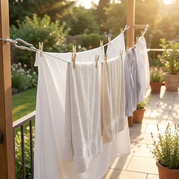Cloths hanging on a clothesline outdoors with a garden background