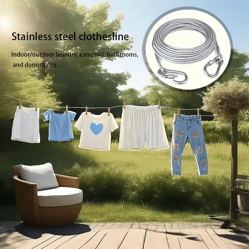 Stainless steel clothesline with hanging laundry in an outdoor setting
