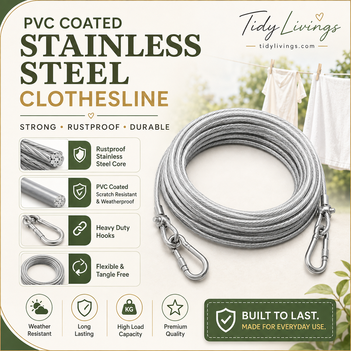Premium Stainless Steel PVC Coated Clothesline – Heavy-Duty Rust-Resistant Drying Wire -  Free Shipping
